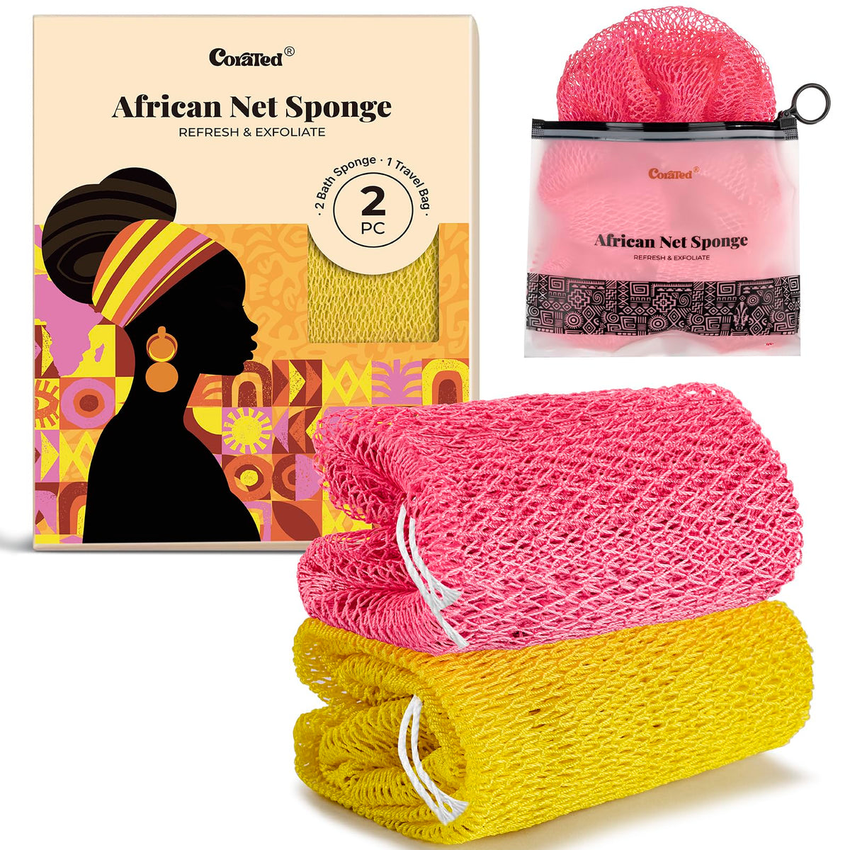CORATED eponge reseau africain rose jaune texture: exfoliation efficace et peau plus lisse