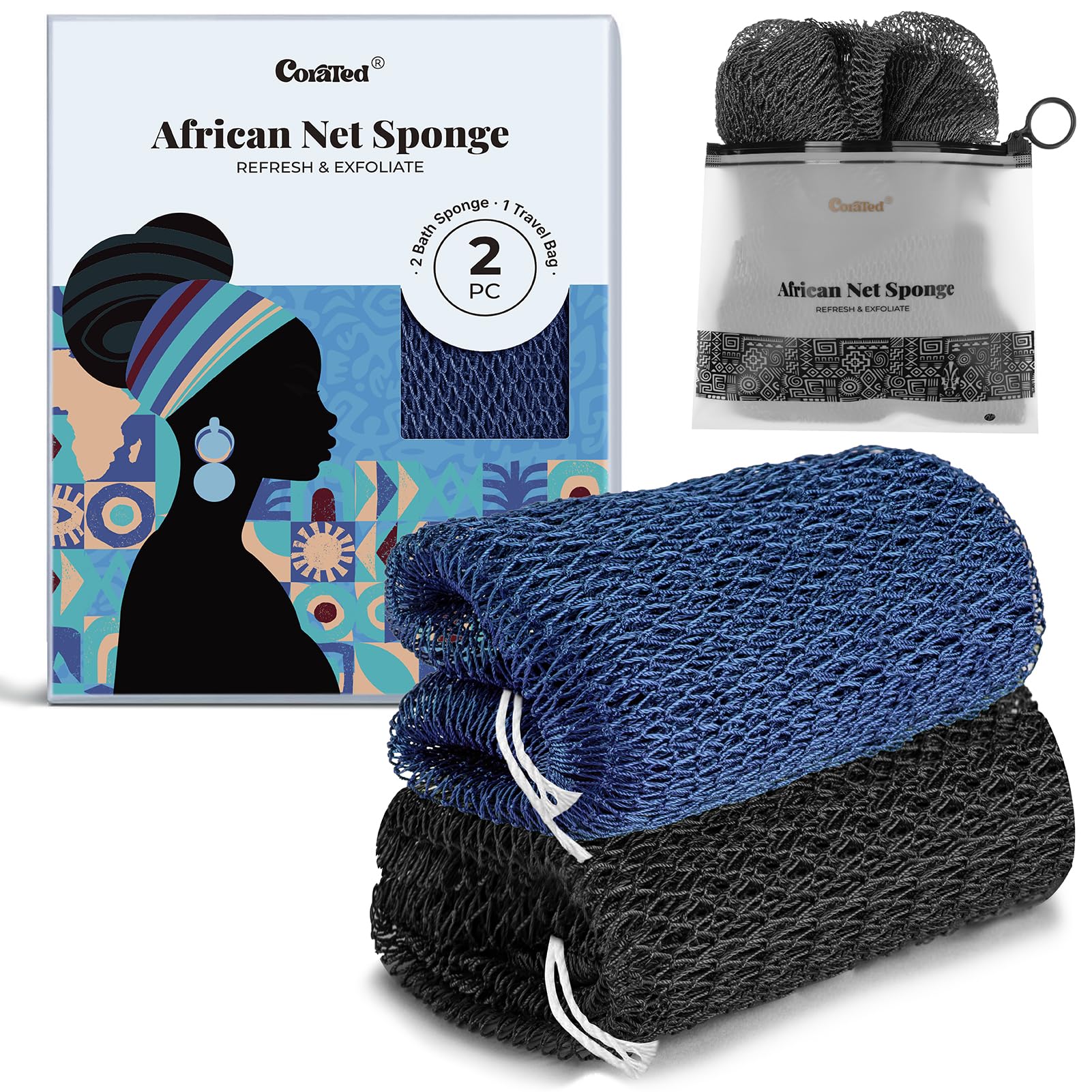 CORATED Éponge Net Africaine – exfoliation douce pour peau lisse.