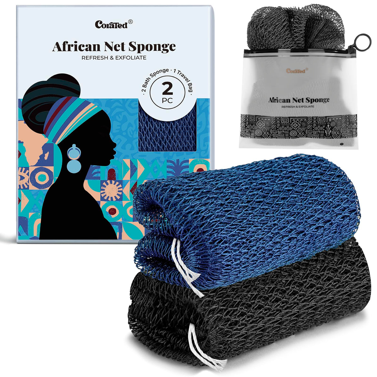 CORATED Éponge Net Africaine – exfoliation douce pour peau lisse.