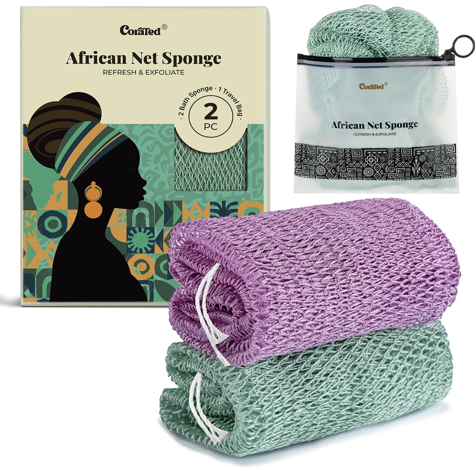 CORATED éponge réseau africain avec noeuds pour nettoyages en profondeur.