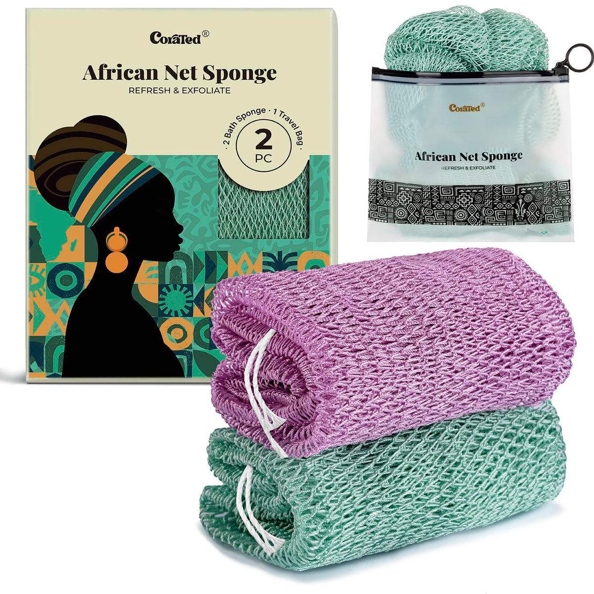 CORATED éponge réseau africain avec noeuds pour nettoyages en profondeur.