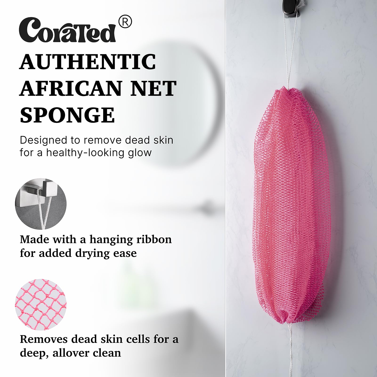 CORATED éponge douceur exfoliante, peau plus nette après chaque utilisation.