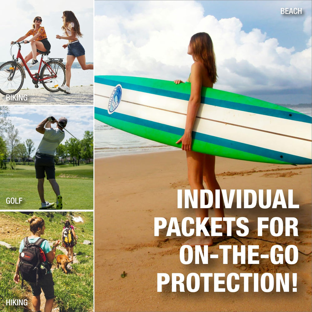 CoreTex Sun X 50 SPF travel bag with compact sunscreen packets for beach days.