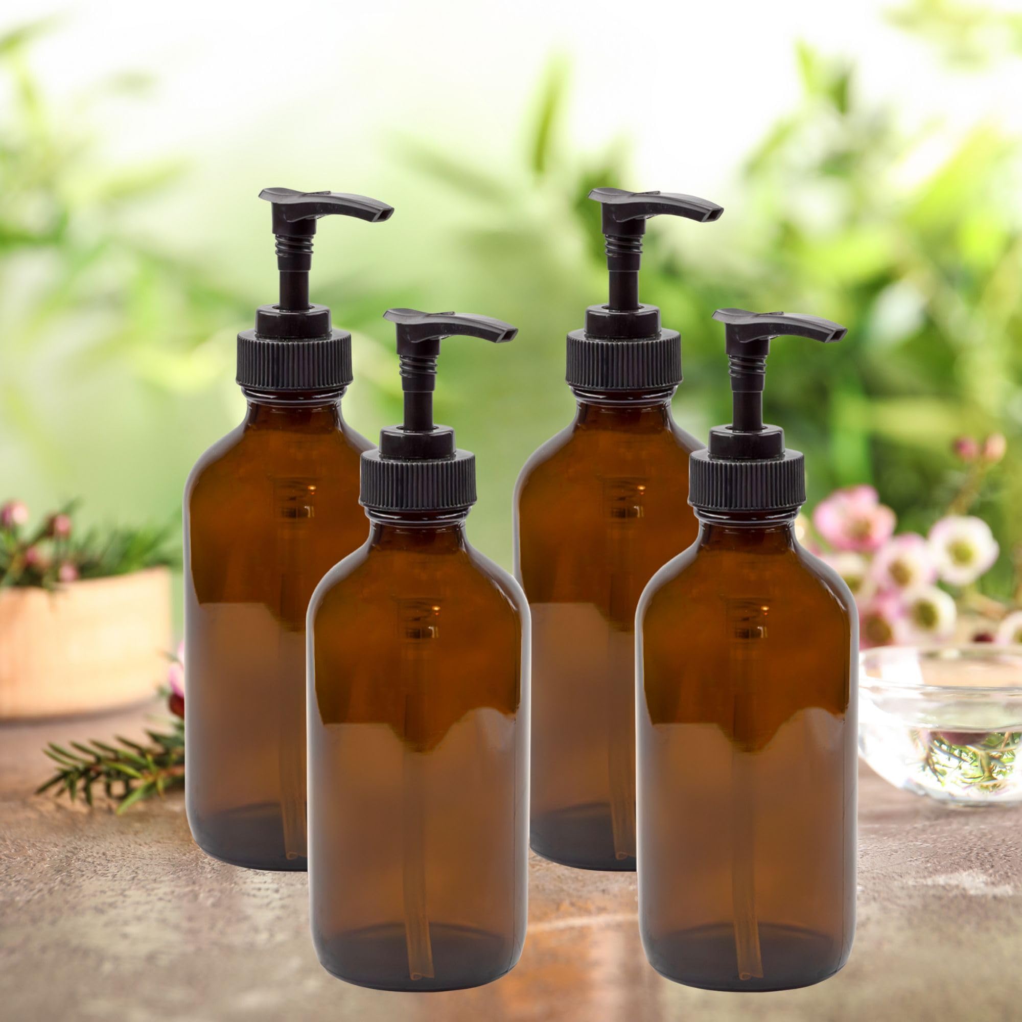 Flacon ambré 235 ml avec pompe noire, Cornucopia Brands.