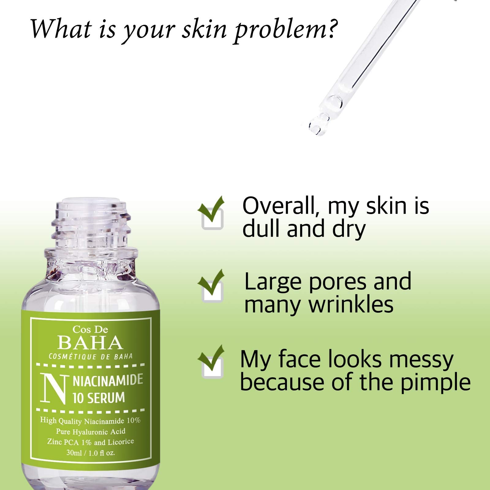 Cos De BAHA Niacinamide 10% Serum emballage — format pratique pour routine quotidienne.