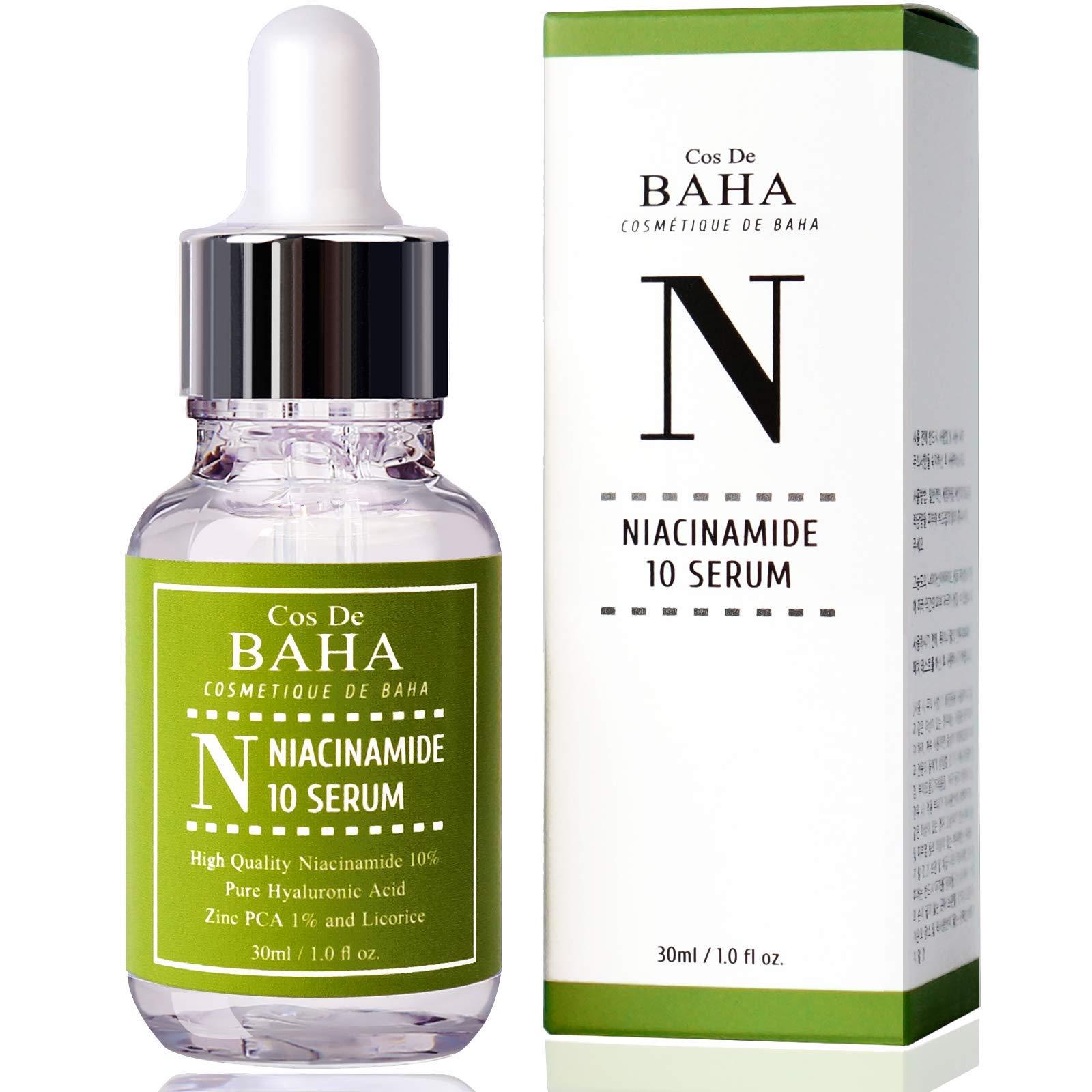 Cos De BAHA Niacinamide 10% Serum, pompe: équilibre peau et pores affinés.