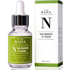 Cos De BAHA Niacinamide 10% Serum, pompe: équilibre peau et pores affinés.
