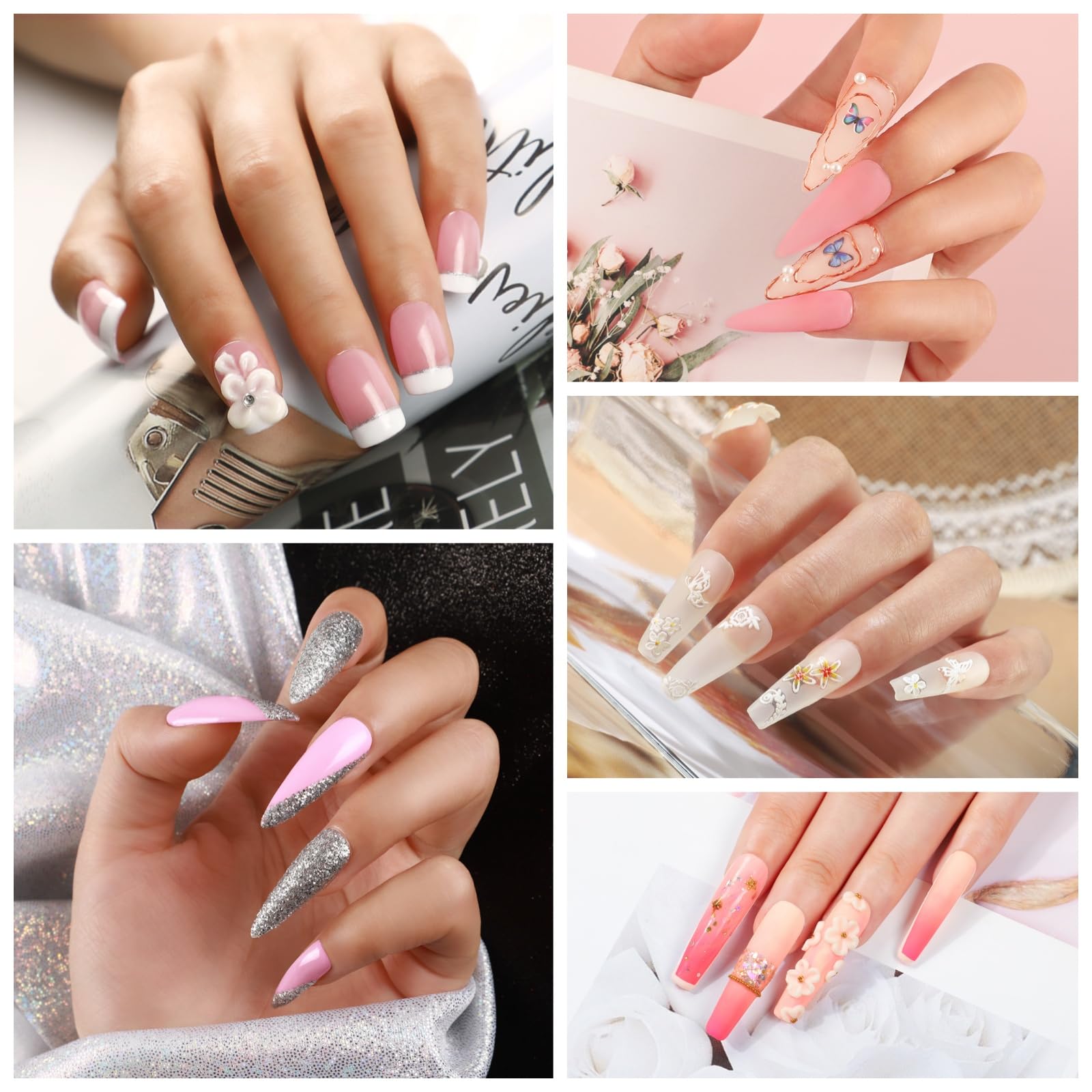 COSCELIA basic acrylic powders in pink, white, and clear for versatile designs at home.