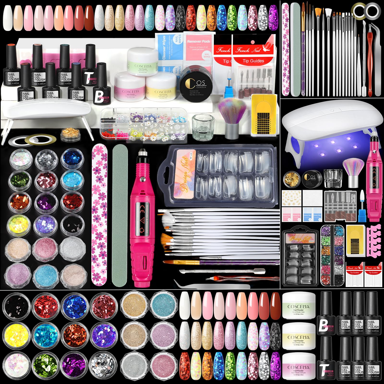 Coscelia kit acrylique avec poudre nude, rose et blanche pour extensions nettes.