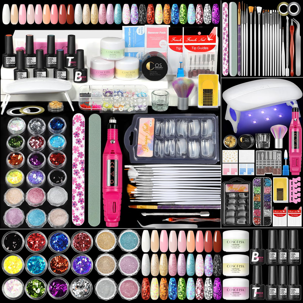 Coscelia kit acrylique avec poudre nude, rose et blanche pour extensions nettes.