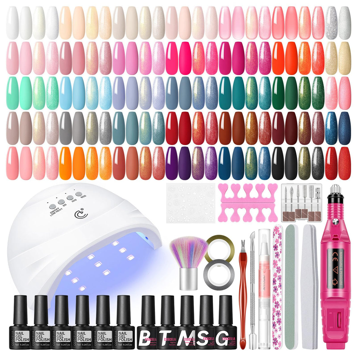 COSCELIA kit-vernis-gel 53 pièces avec lampe UV et perceuse pour démarrer l’atelier à domicile.