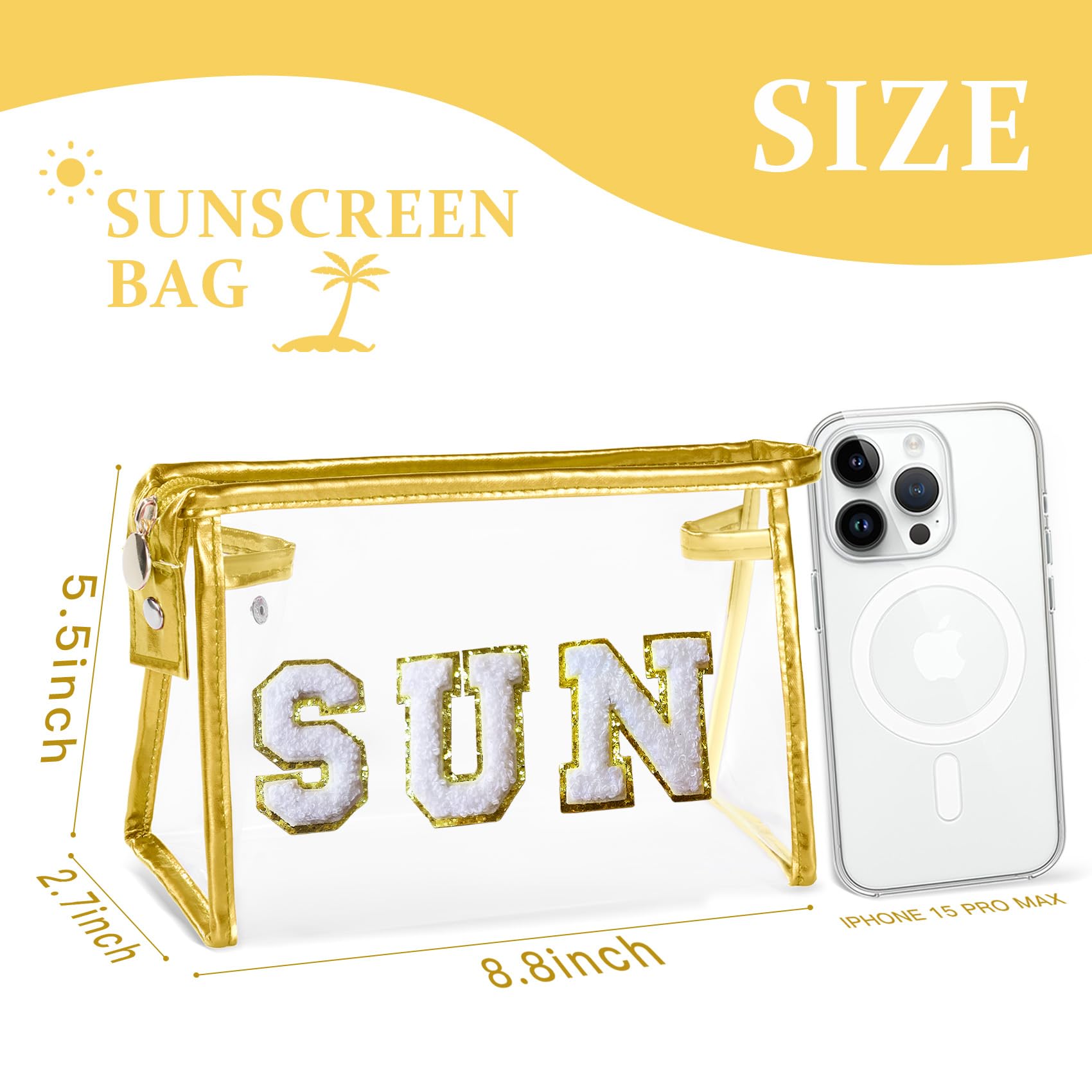 Pochette COSHAYSOO transparente pour crème solaire et articles beauté en voyage.