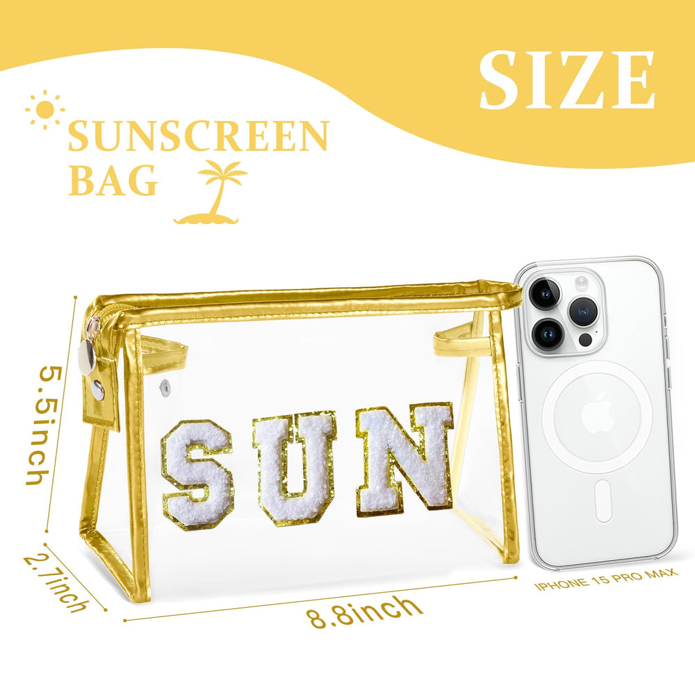 Pochette COSHAYSOO transparente pour crème solaire et articles beauté en voyage.