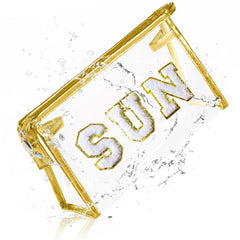 Trousse COSHAYSOO transparente avec zip, idéale pour maquillage et soins solaires.