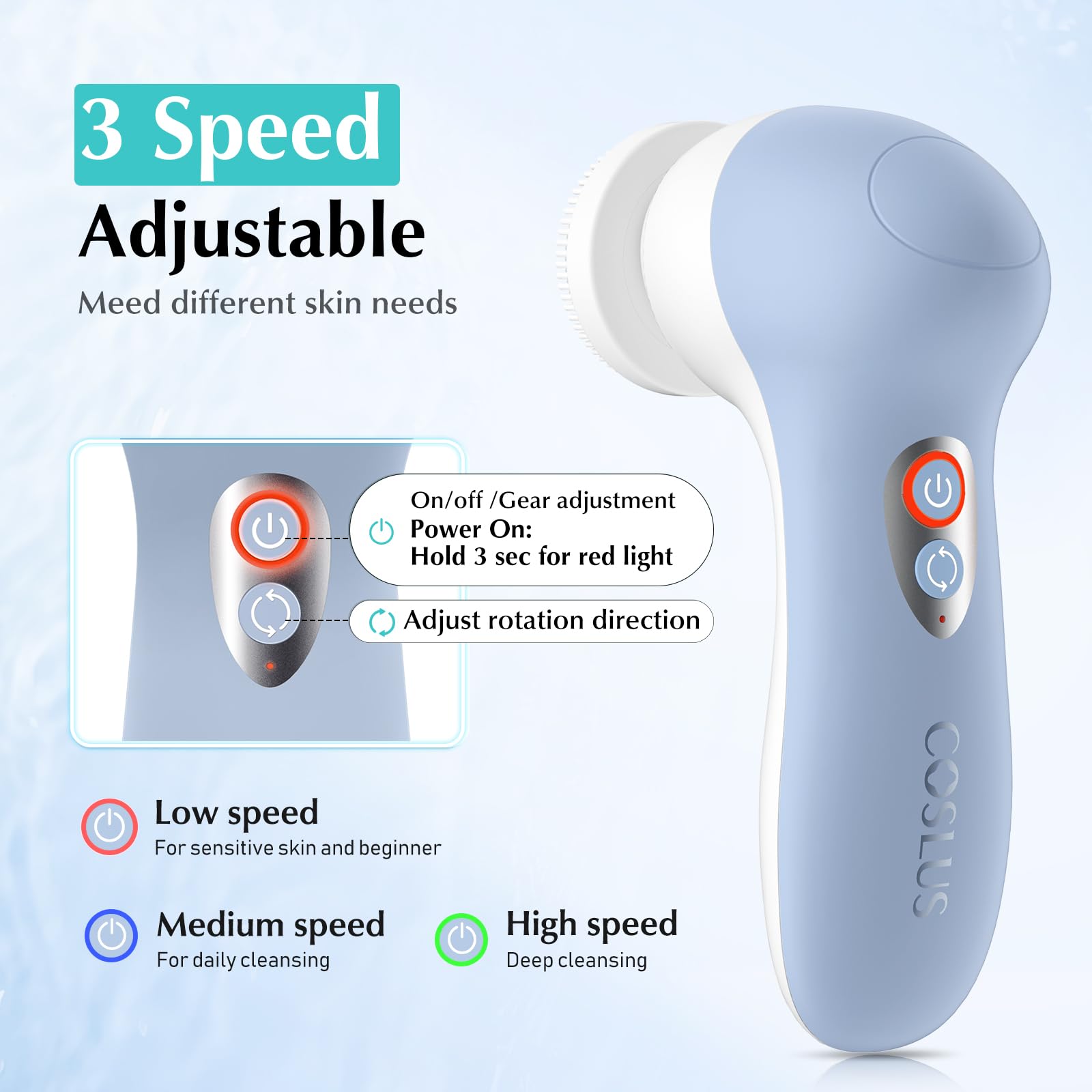 COSLUS brosse visage avec têtes remplaçables adaptées à tous types de peau.
