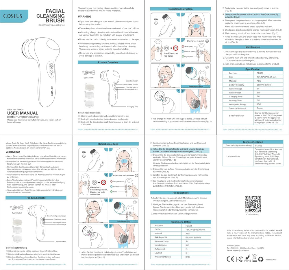 COSLUS brosse visage têtes silicone et nylon pour nettoyage en profondeur.