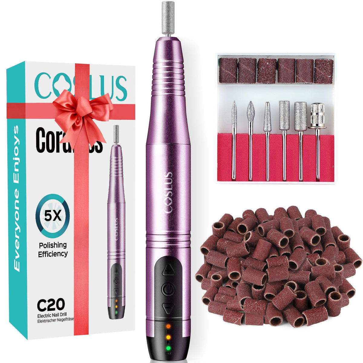 COSLUS perceuse d'ongles sans fil au format compact, idéal pour retouches à domicile.