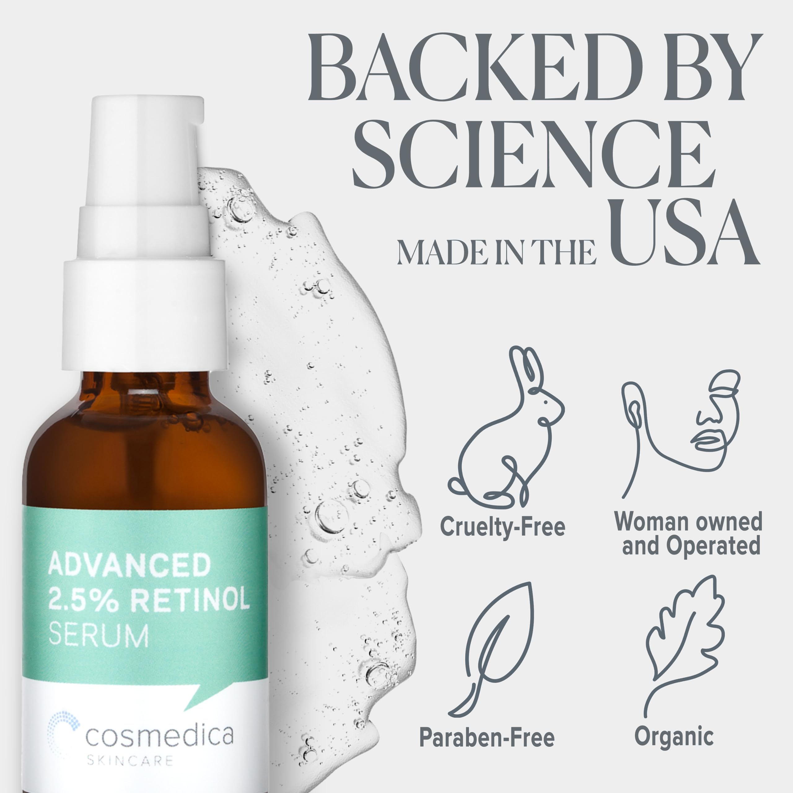 Cosmedica Skincare Retinol Serum with green tea ingredient close-up