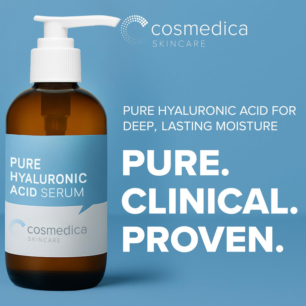 Cosmedica Skincare Hyaluronic Acid Serum, etiquette minimaliste et design épuré.