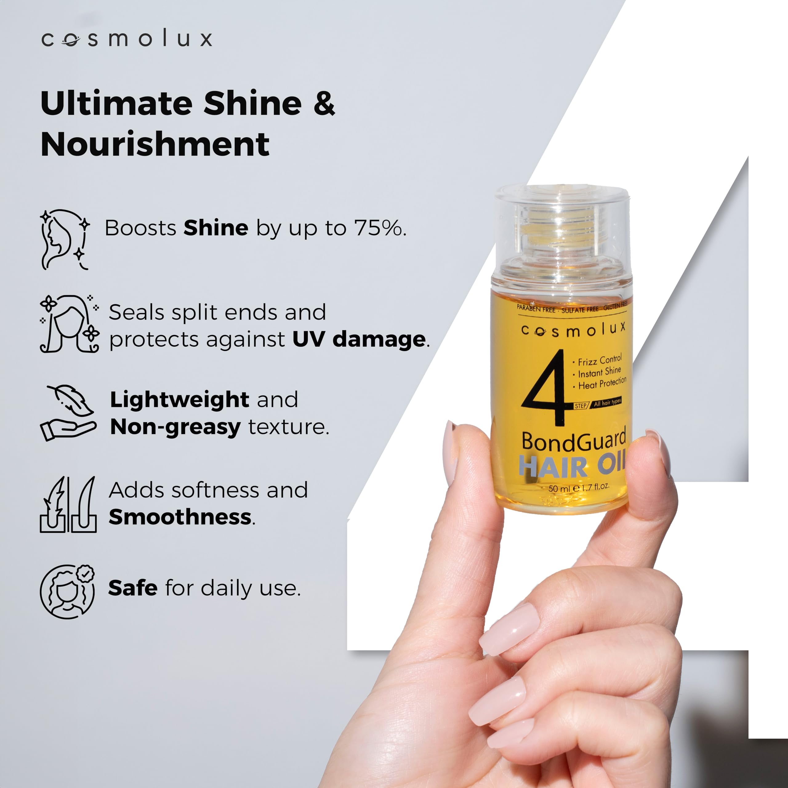 Cosmolux BondGuard application sur cheveux humides pour faciliter le coiffage et la protection.