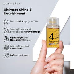 Cosmolux BondGuard application sur cheveux humides pour faciliter le coiffage et la protection.