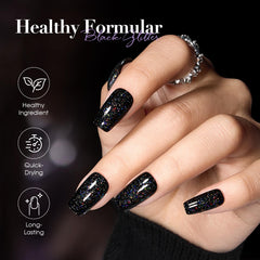 Finition lustre COSMOO – effet brillant durable sur les ongles vernis noir glitter.