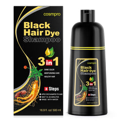 Cosmpro shampoing colorant noir 3 en 1 couvre durablement les cheveux gris.
