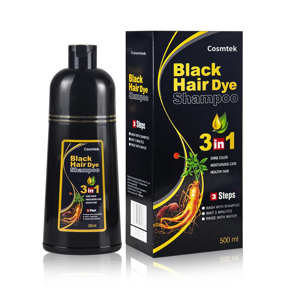 COSMTEK Shampoing colorant noir pour cheveux gris, couverture rapide et uniforme.