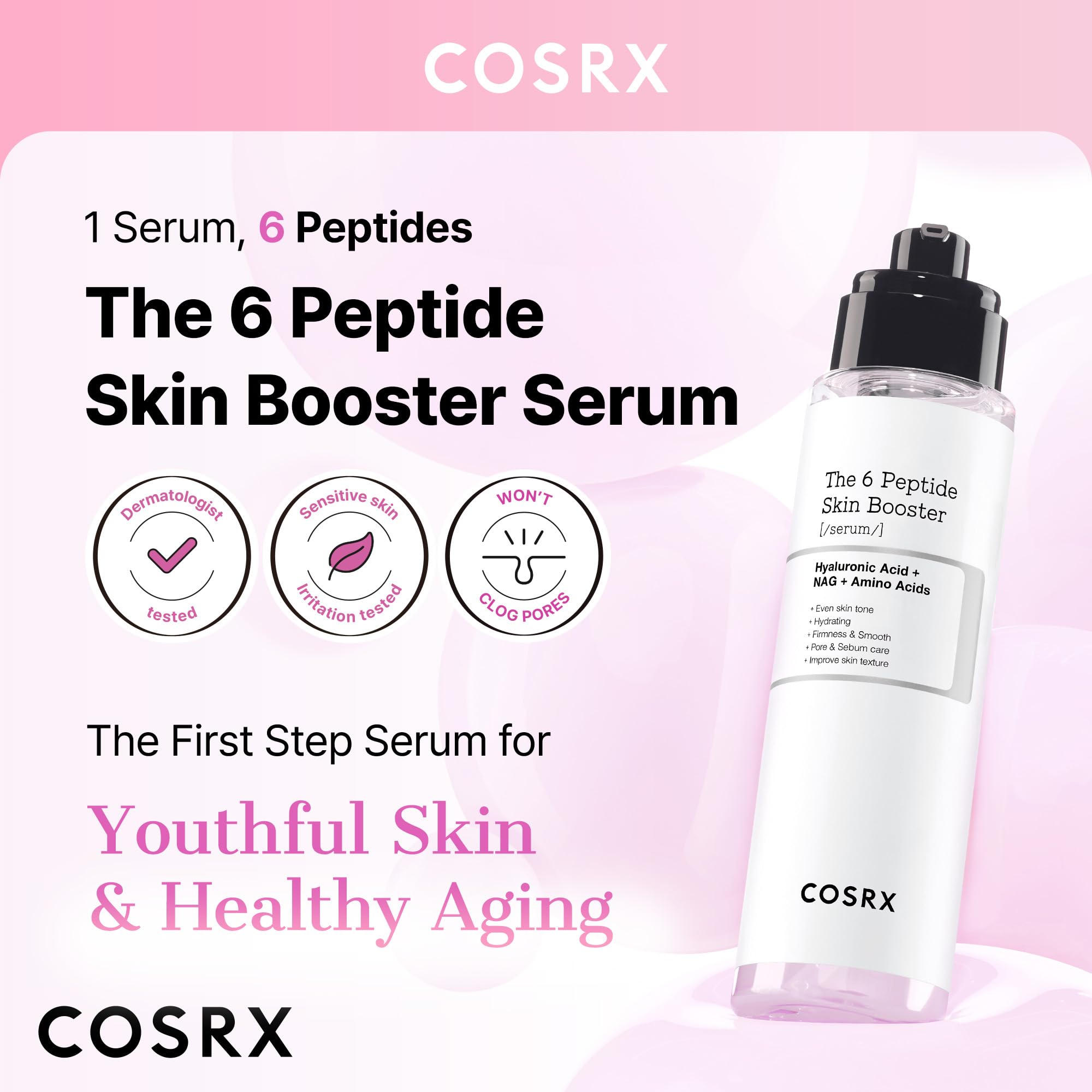 COSRX 6 peptides pour l'élasticité et un teint plus frais.