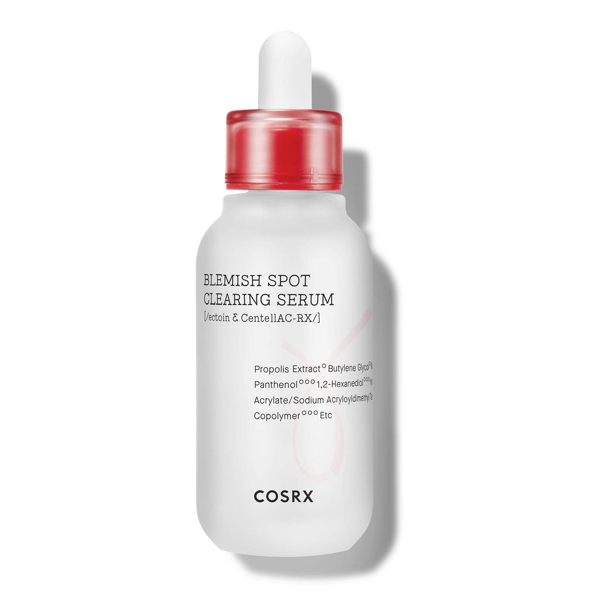 COSRX AC Collection Blemish Serum bottle close-up shows a soothing formula for sensitive skin.
