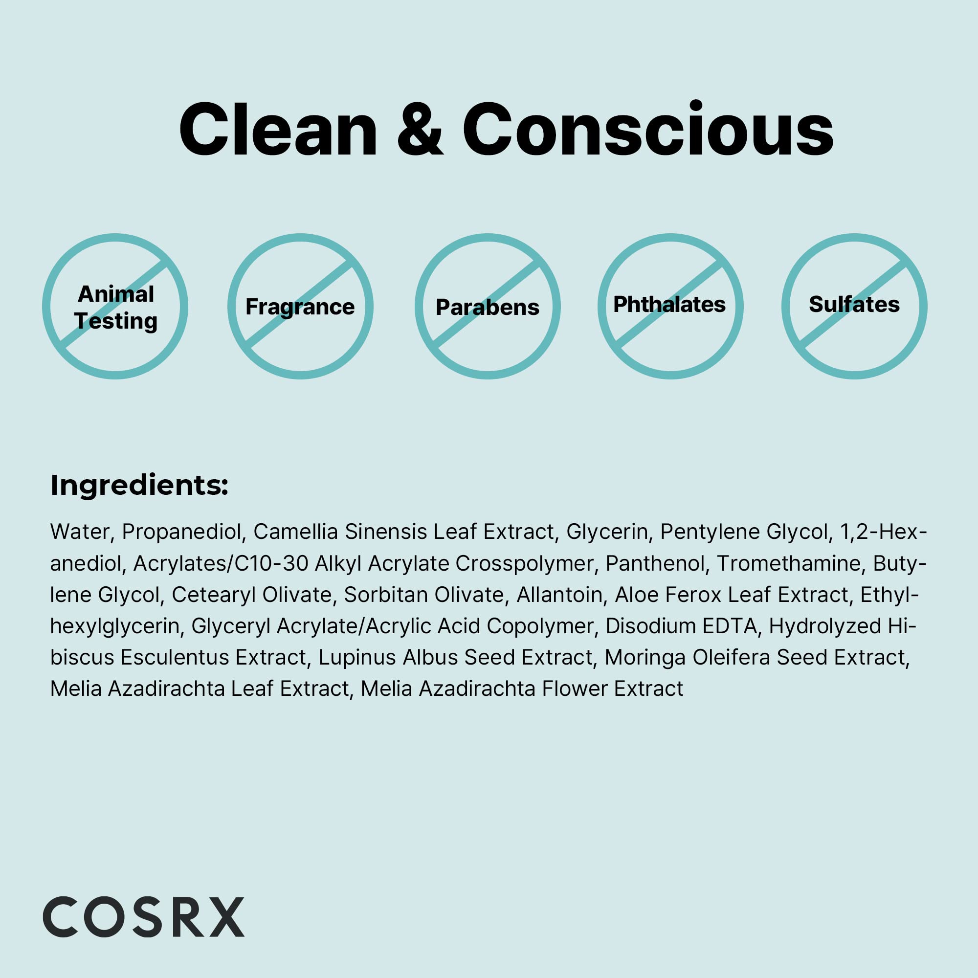 COSRX Clean Beauty standards label highlights skin-friendly formula.