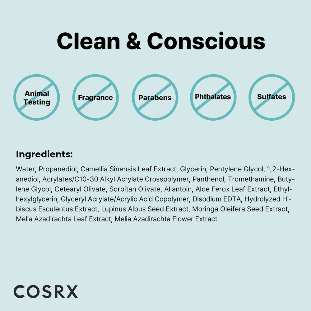 COSRX Clean Beauty standards label highlights skin-friendly formula.