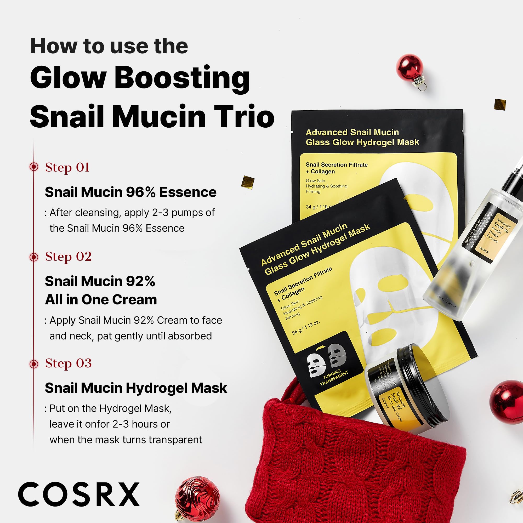 Coffret COSRX Snail Mucin – édition limitée; cadeau élégant prêt à offrir.