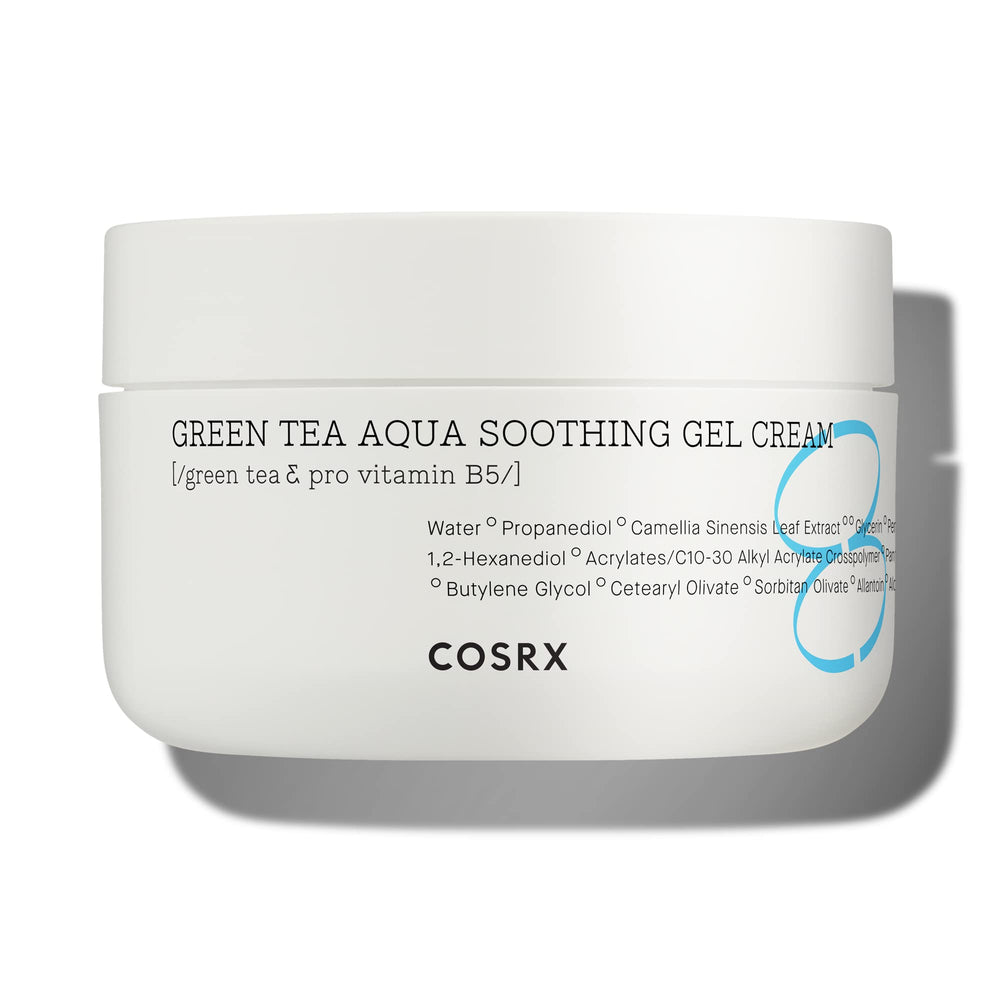 COSRX Hydrium Green Tea Aqua Gel Cream bottle shows cooling, fast-absorbing daily hydration.