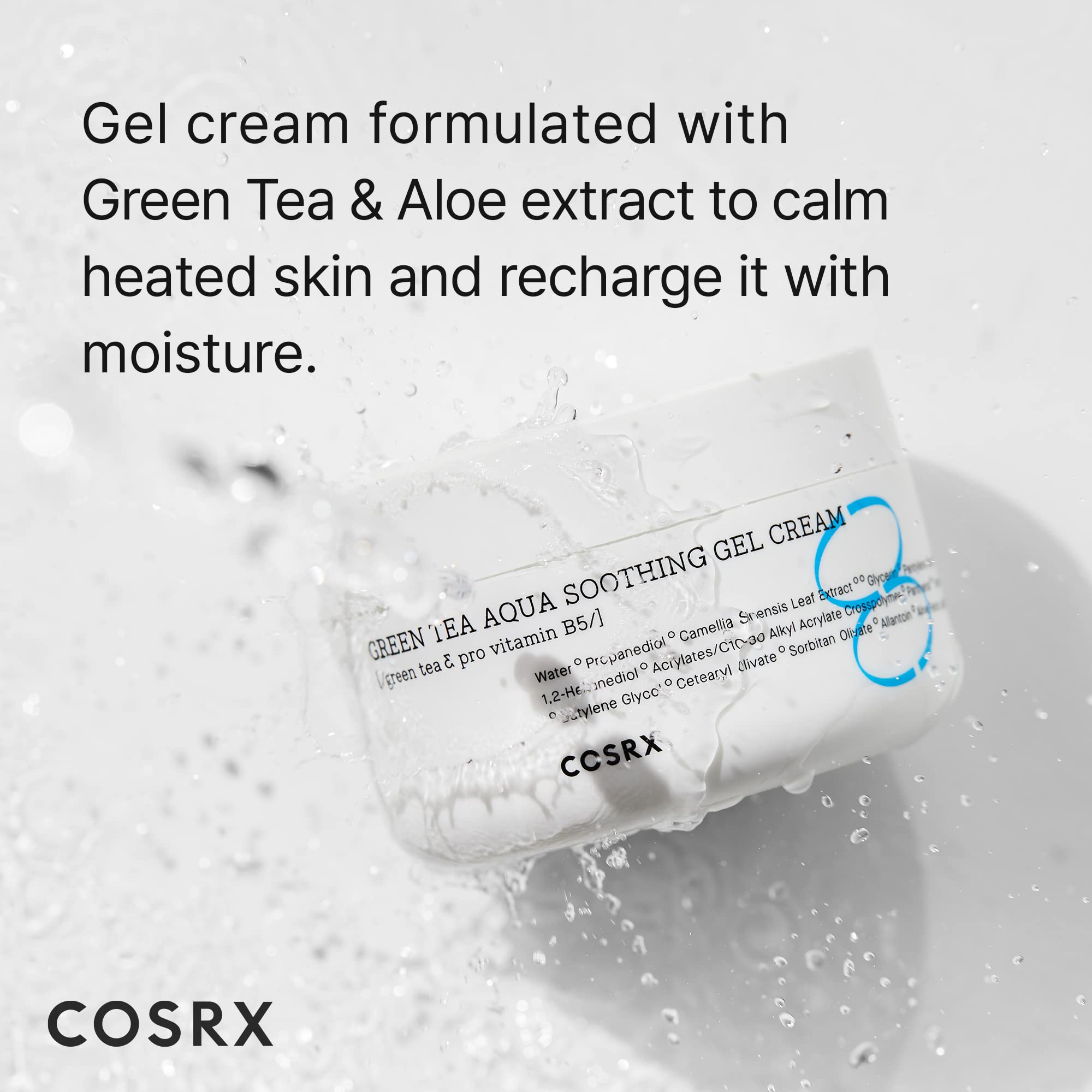 COSRX Hydrium Green Tea Aqua Gel Cream jar close-up highlighting jelly texture.
