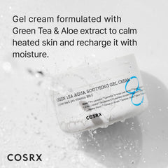 COSRX Hydrium Green Tea Aqua Gel Cream jar close-up highlighting jelly texture.