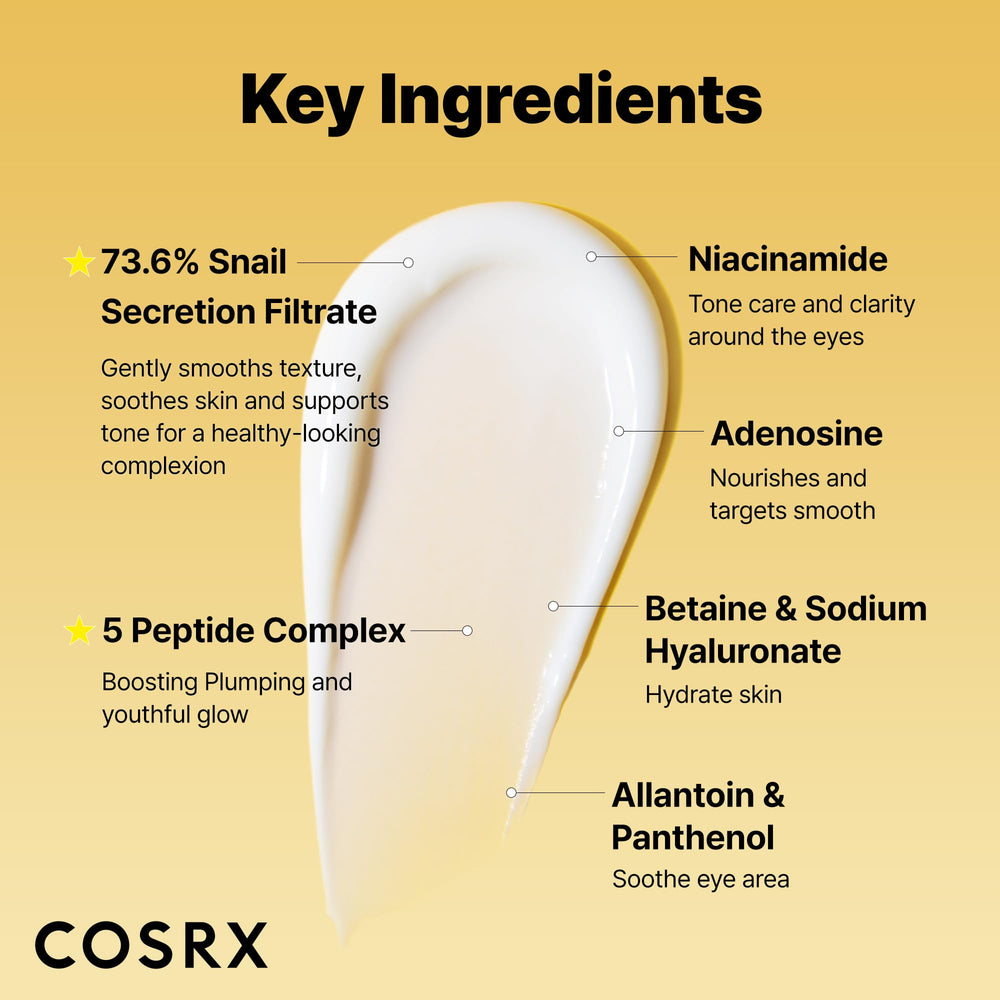 COSRX mucine escargot 73% et niacinamide, hydratation et éclat autour des yeux.