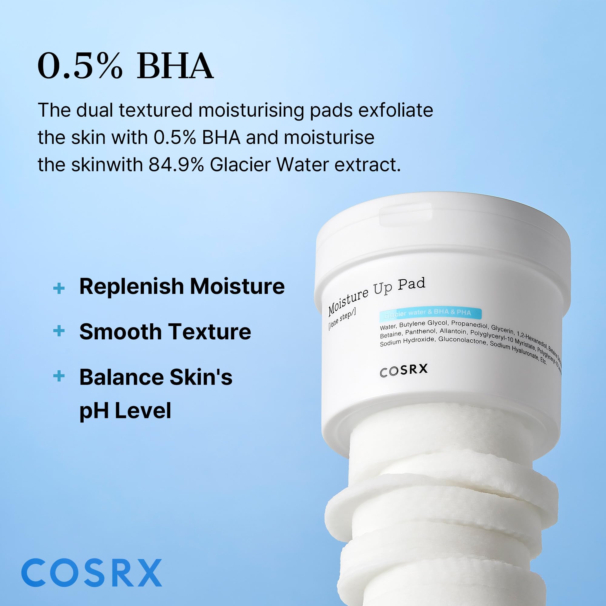 COSRX Moisture Up Pads – côté gaufré pour exfolier en douceur.