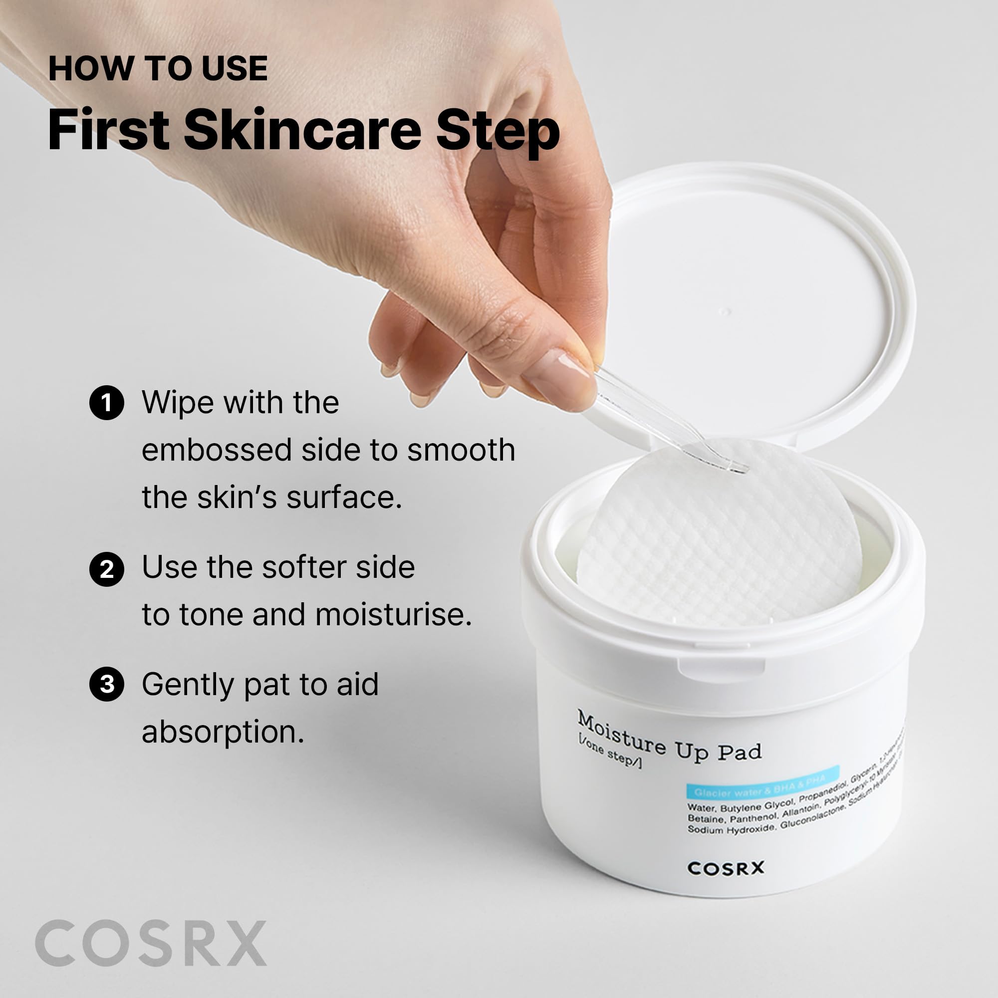 COSRX Moisture Up Pads – utilisé le matin pour nettoyer en douceur.
