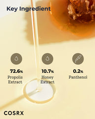 Ingrédients clés COSRX : propolis 72,6% et miel 10,7% pour nourrir la barrière.