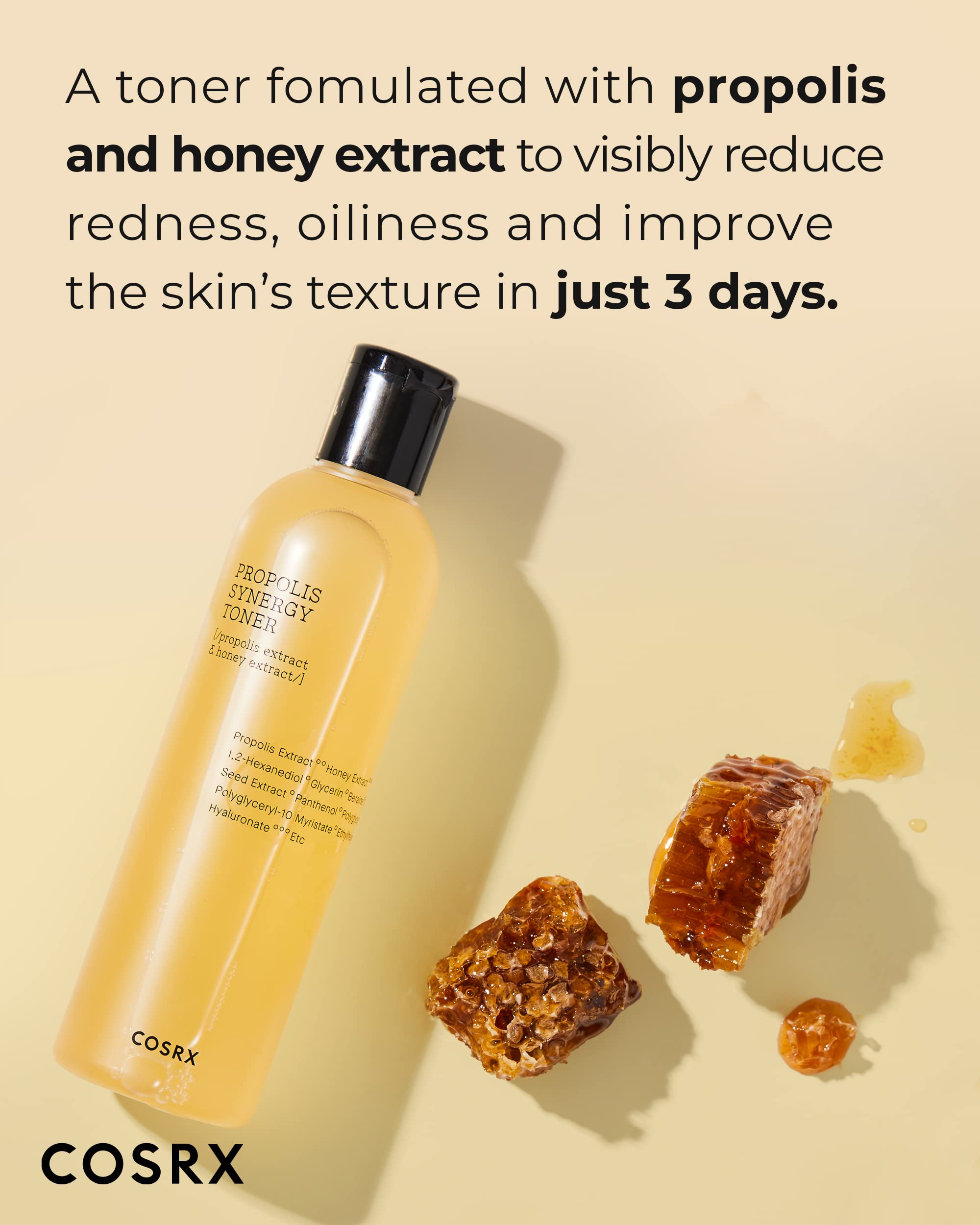 COSRX Propolis Synergie Tonique – étiquette claire, propolis et miel pour nourrir la peau.
