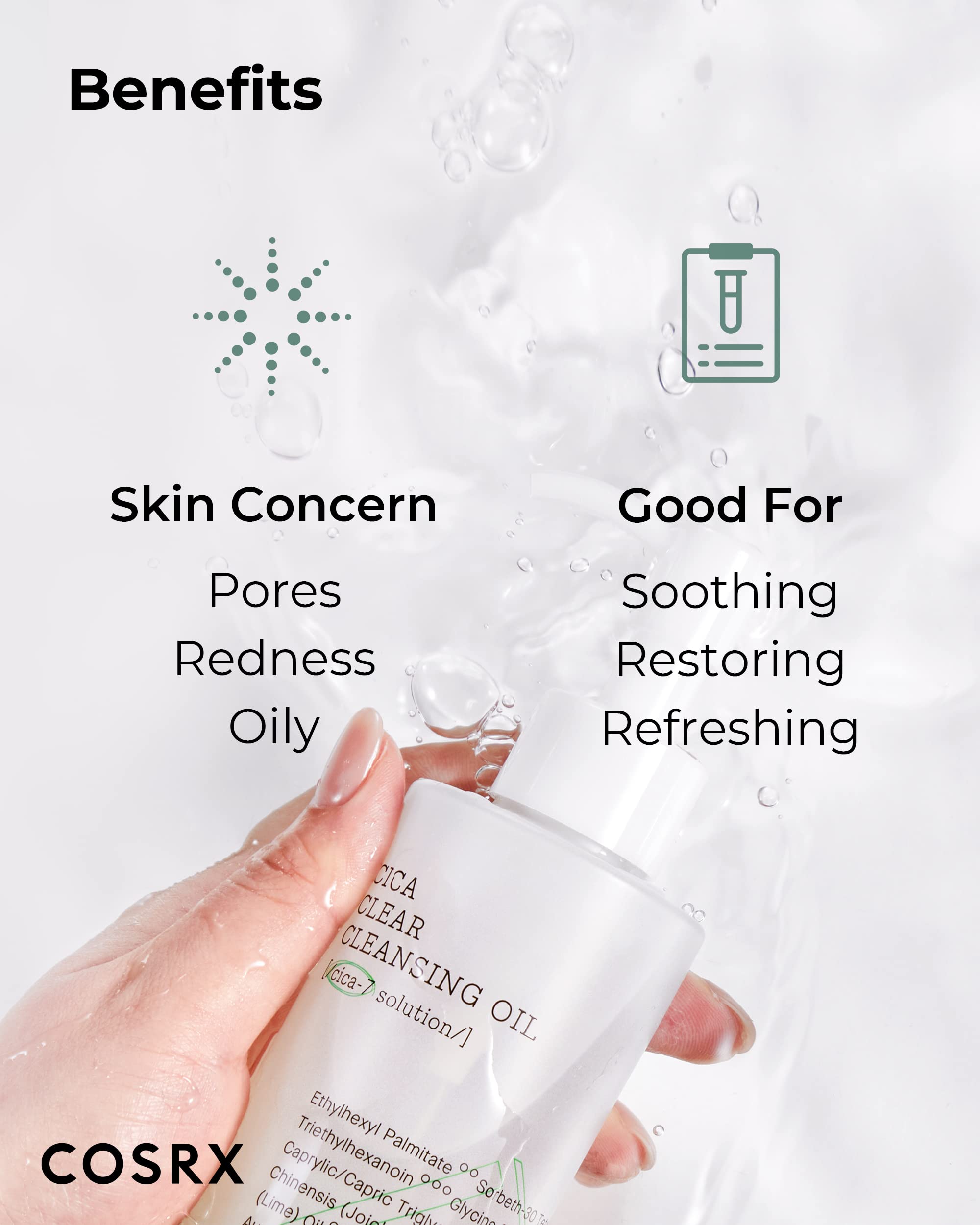 COSRX Pure Fit Cica Cleansing Oil – formulation douce pour peaux sensibles et testée dermatologiquement.