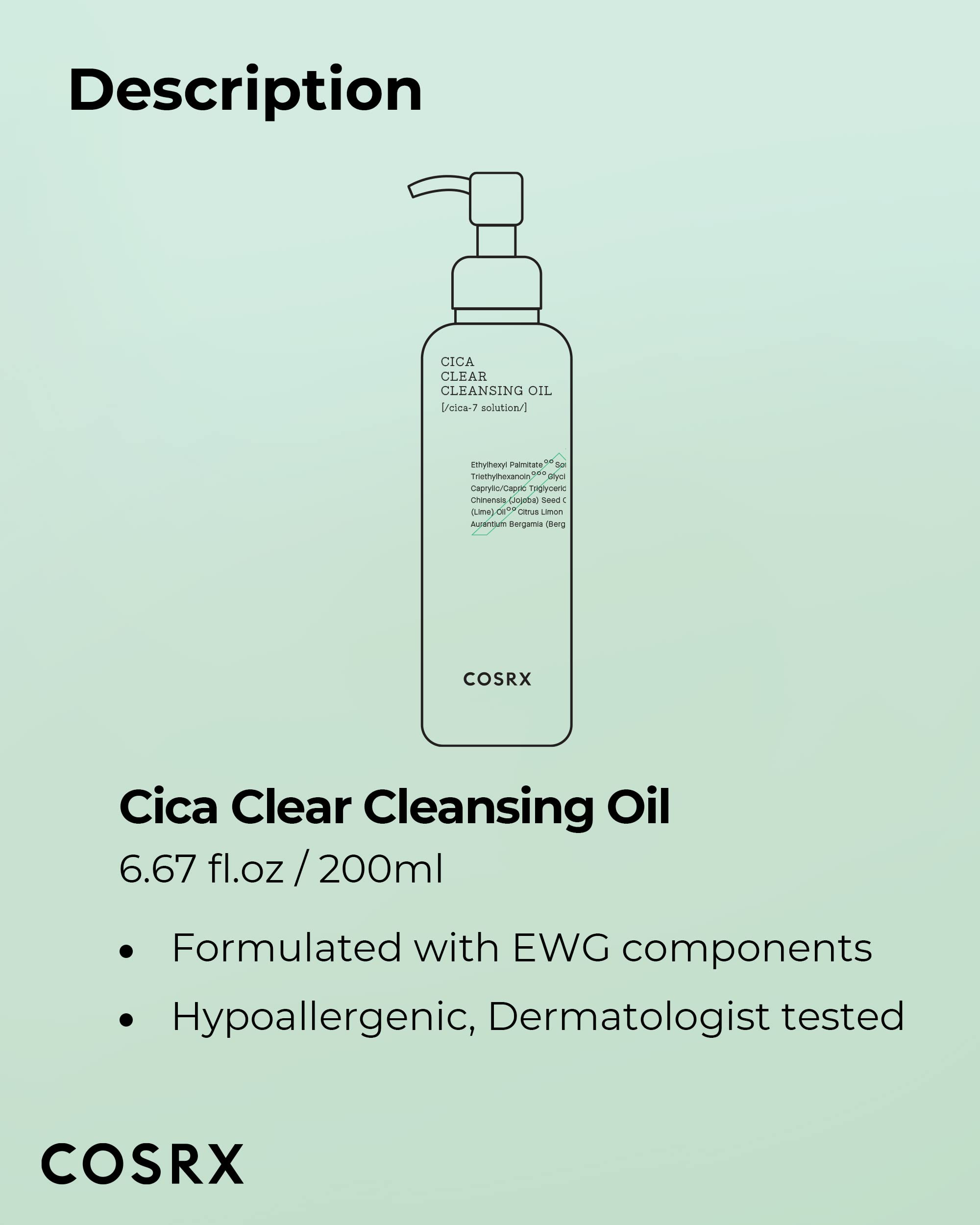 COSRX Pure Fit Cica Cleansing Oil – format 200 ml pratique pour routine quotidienne.