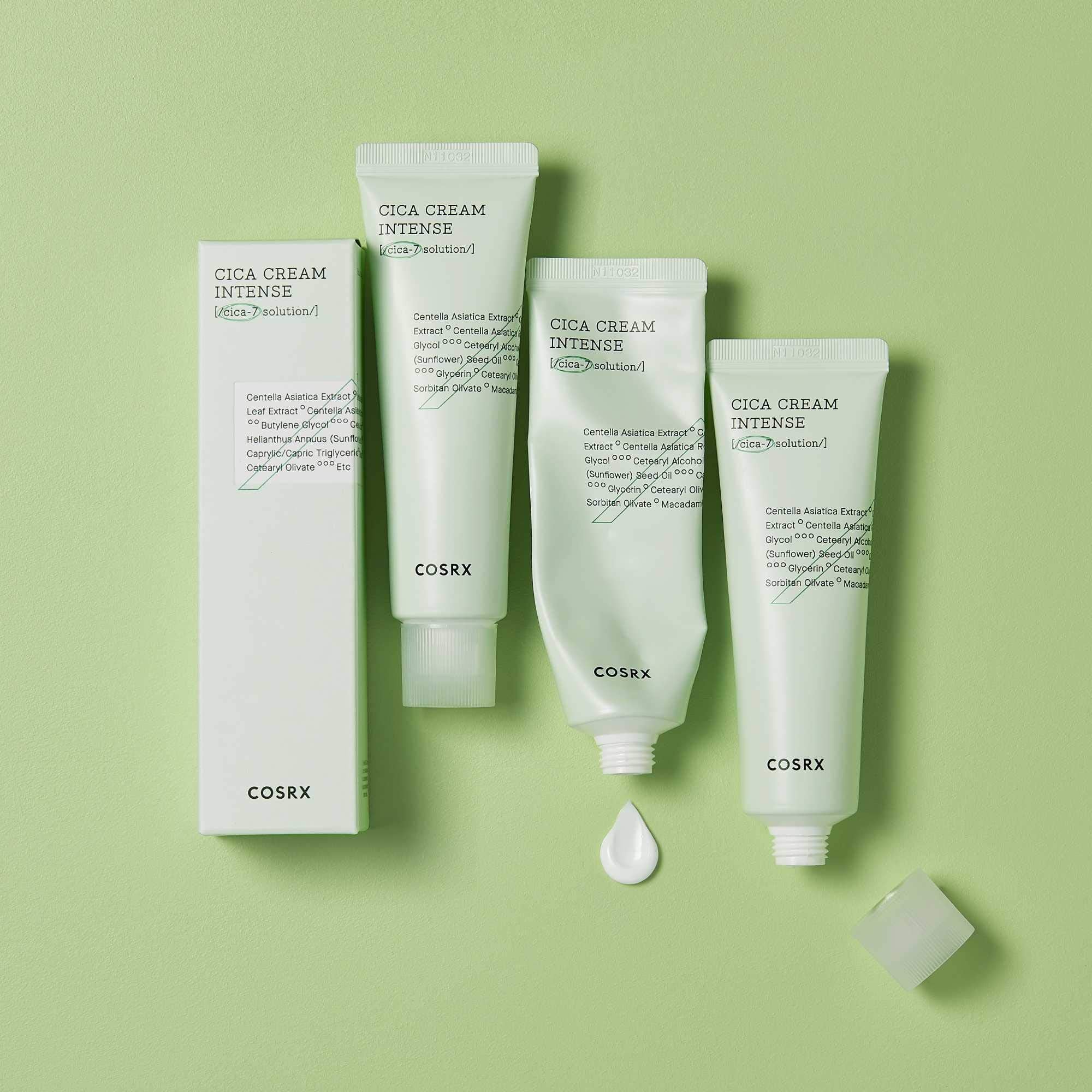 CosRX cream with centella leaves on display suggests a soothing routine for sensitive skin