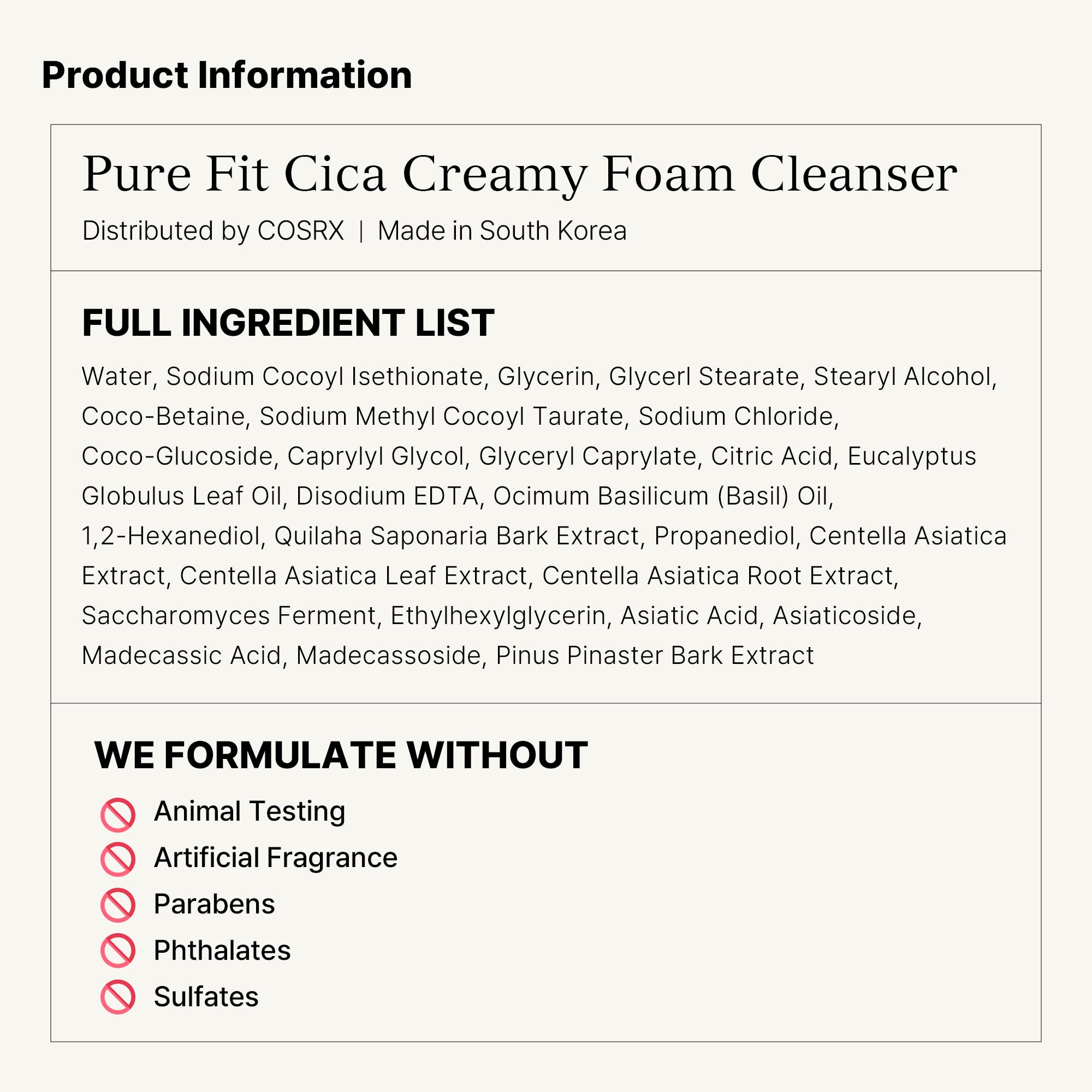 COSRX Pure Fit Cica – soin doux sans parfum pour peau sensible.