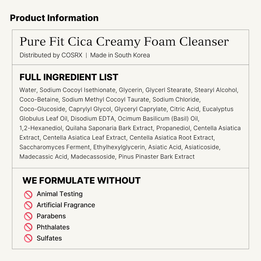 COSRX Pure Fit Cica – soin doux sans parfum pour peau sensible.