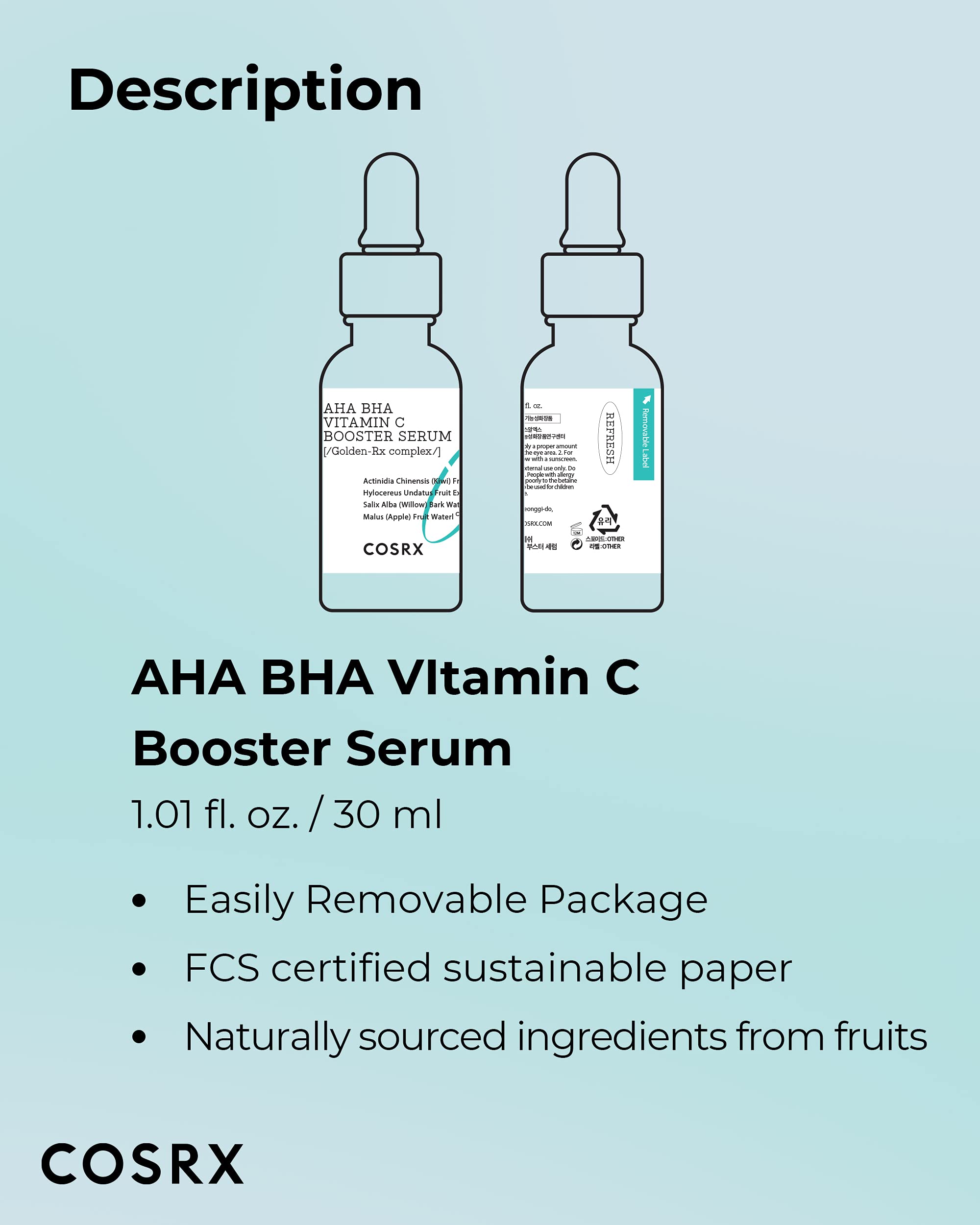 COSRX AHA BHA Vitamin C Booster Serum — test dermatologique et hypoallergénique pour peaux sensibles.