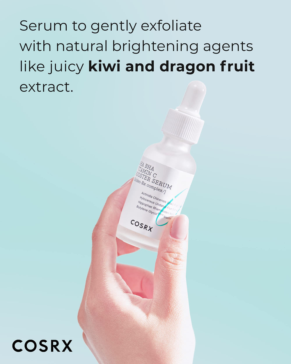 COSRX AHA BHA Vitamin C Booster Serum — étiquette montrant kiwi et fruit du dragon pour peau lumineuse.