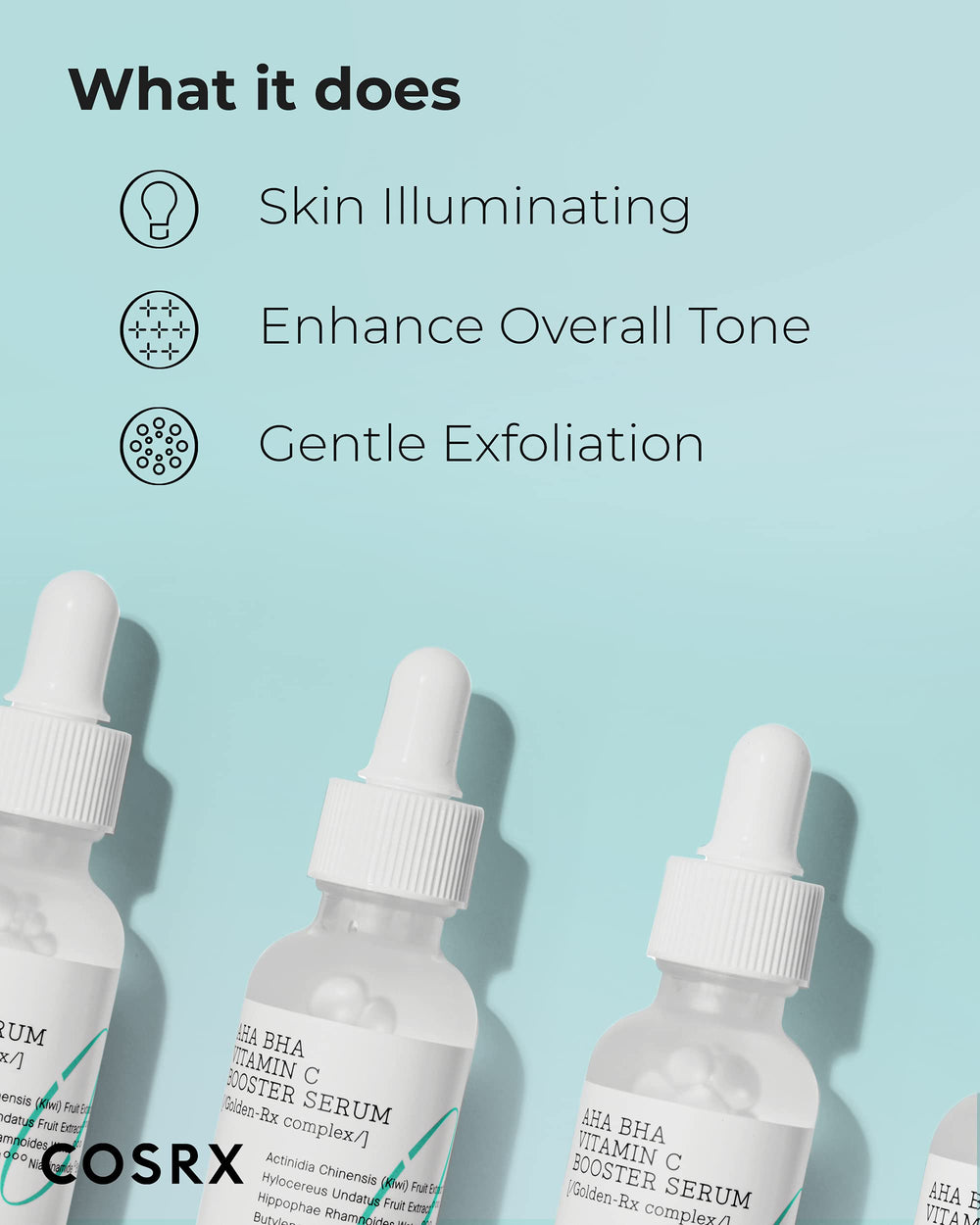 COSRX AHA BHA Vitamin C Booster Serum — texture aqueuse favorisant absorption rapide et hydratation.