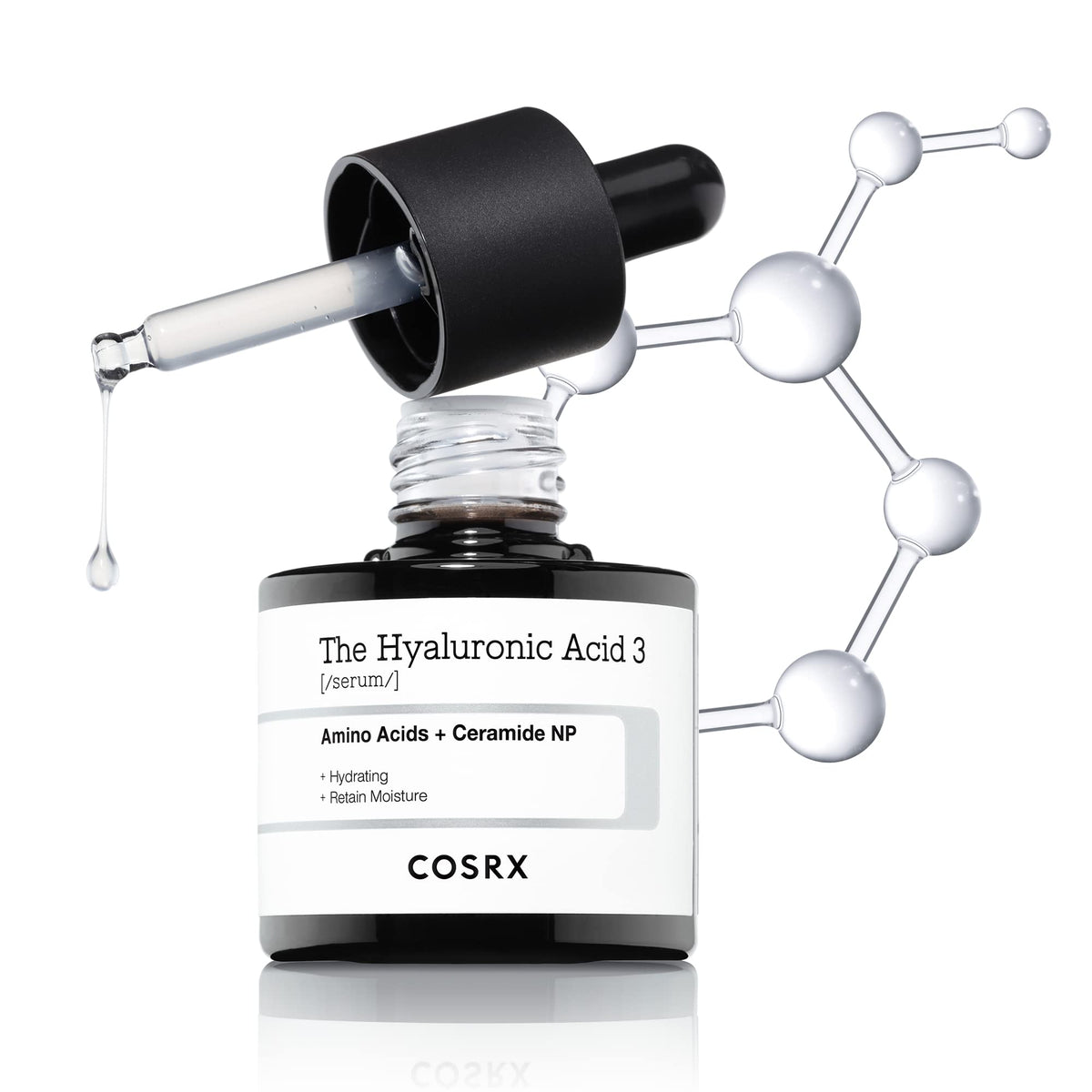 COSRX Sérum Hyaluronique 3% dans la bouteille, hydratation en profondeur possible.